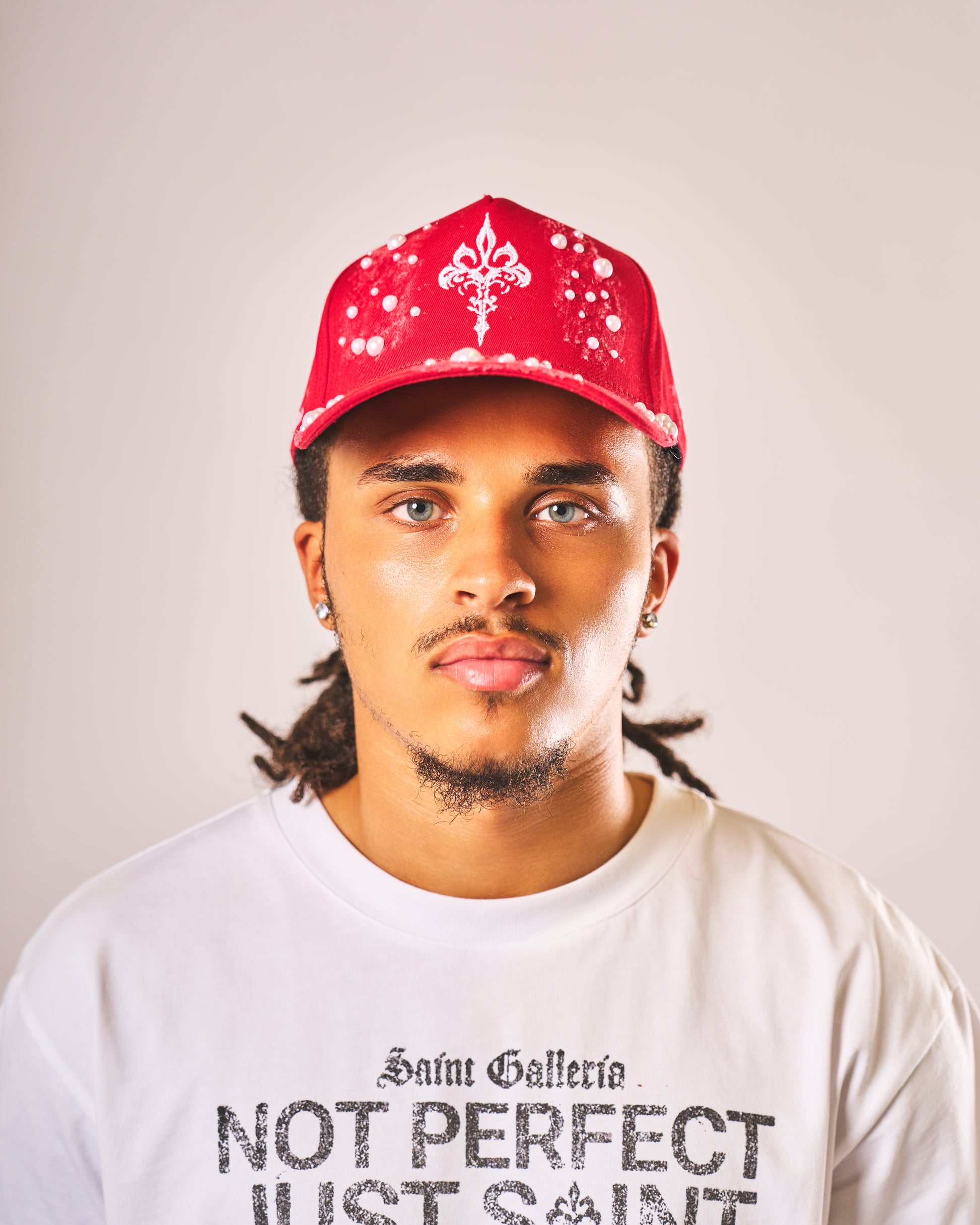 Sainted BLOODLINE red hat with hand-set gems by Saint Galleria — view 1