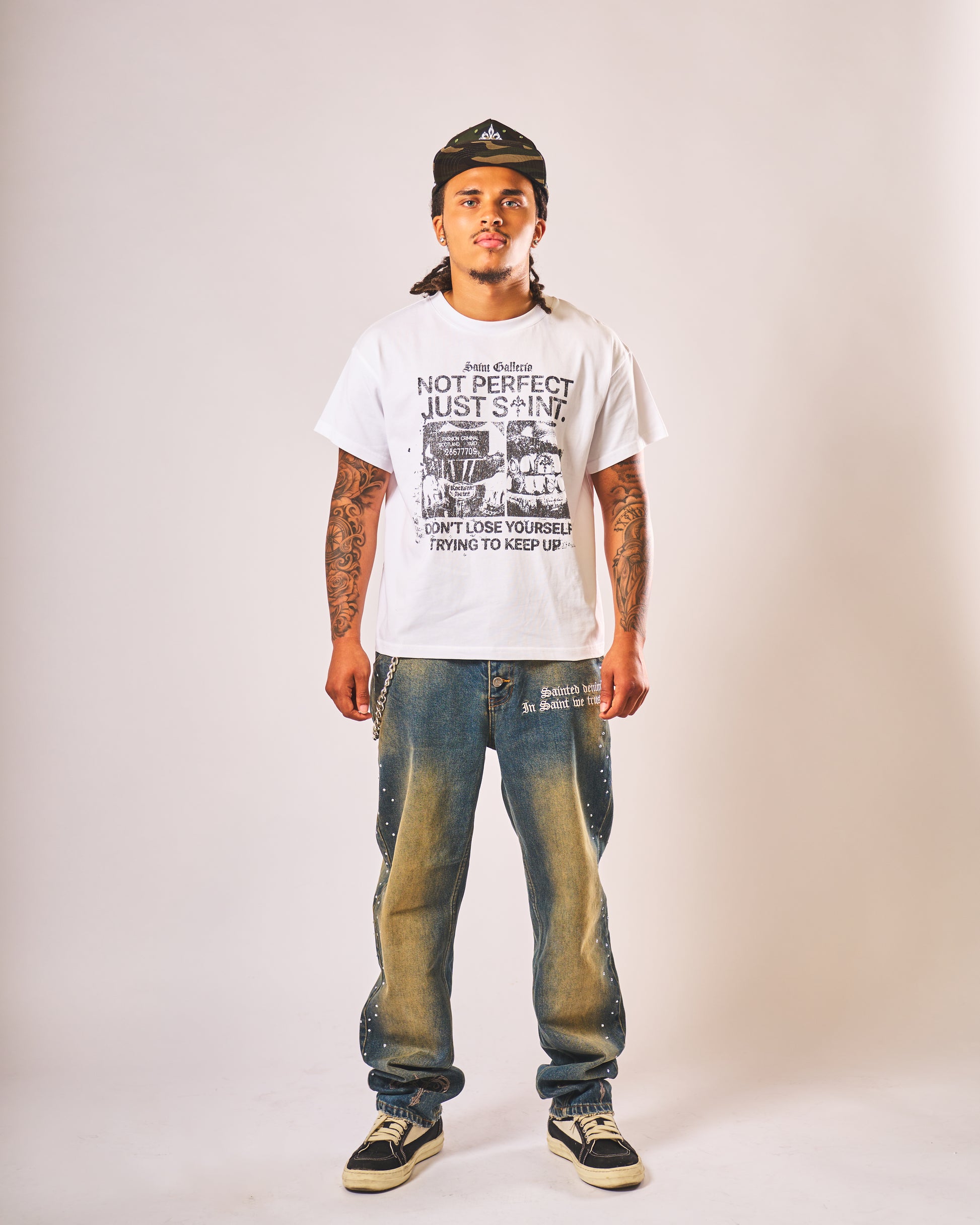 JUST SAINT T SHIRT — white oversized tee worn by model, front, full length